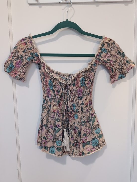 Spell Tops - Spell Sayulita Cream Floral Smocked Off-Shoulder Top with Teal & Mauve Flowers